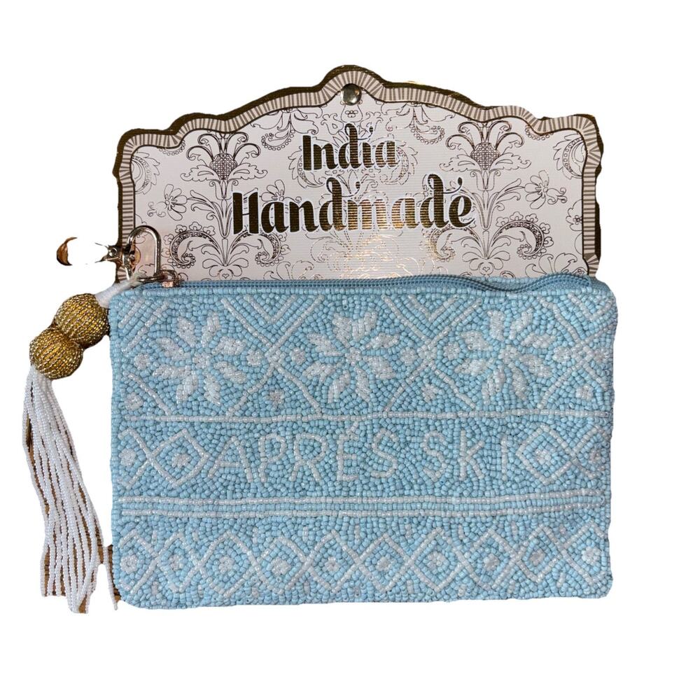 India Handmade Blue & White Beaded “Apres Ski” Pouch Bag Coin Snowflakes Winter
